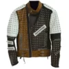 Mens White and Brown Cafe Racer Studded Jacket