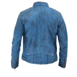 Mens Distressed Leather Blue Cafe Racer Jacket