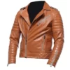 Mens Quilted Leather Tan Brown Biker Jacket