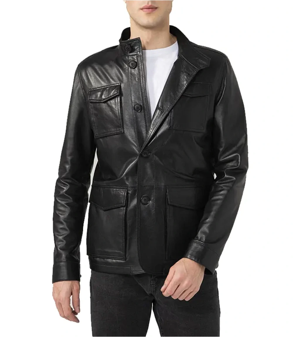 Mens Four Pocket Black Leather Jacket