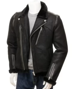 Shearling Collar Black Biker Leather Jacket