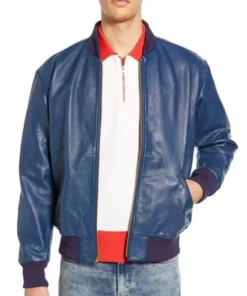 Mens Bomber Leather Blue Jacket
