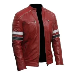 Mens Red Café Racer Striped Leather Jacket