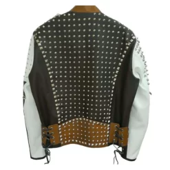 Mens Cafe Racer Whie and Brown Studded Leather Jacket