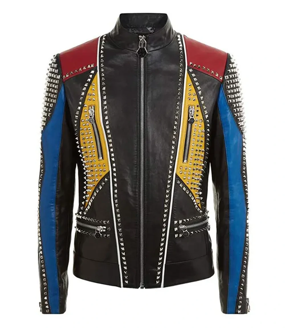 Mens Multicolor Studded Leather Jacket