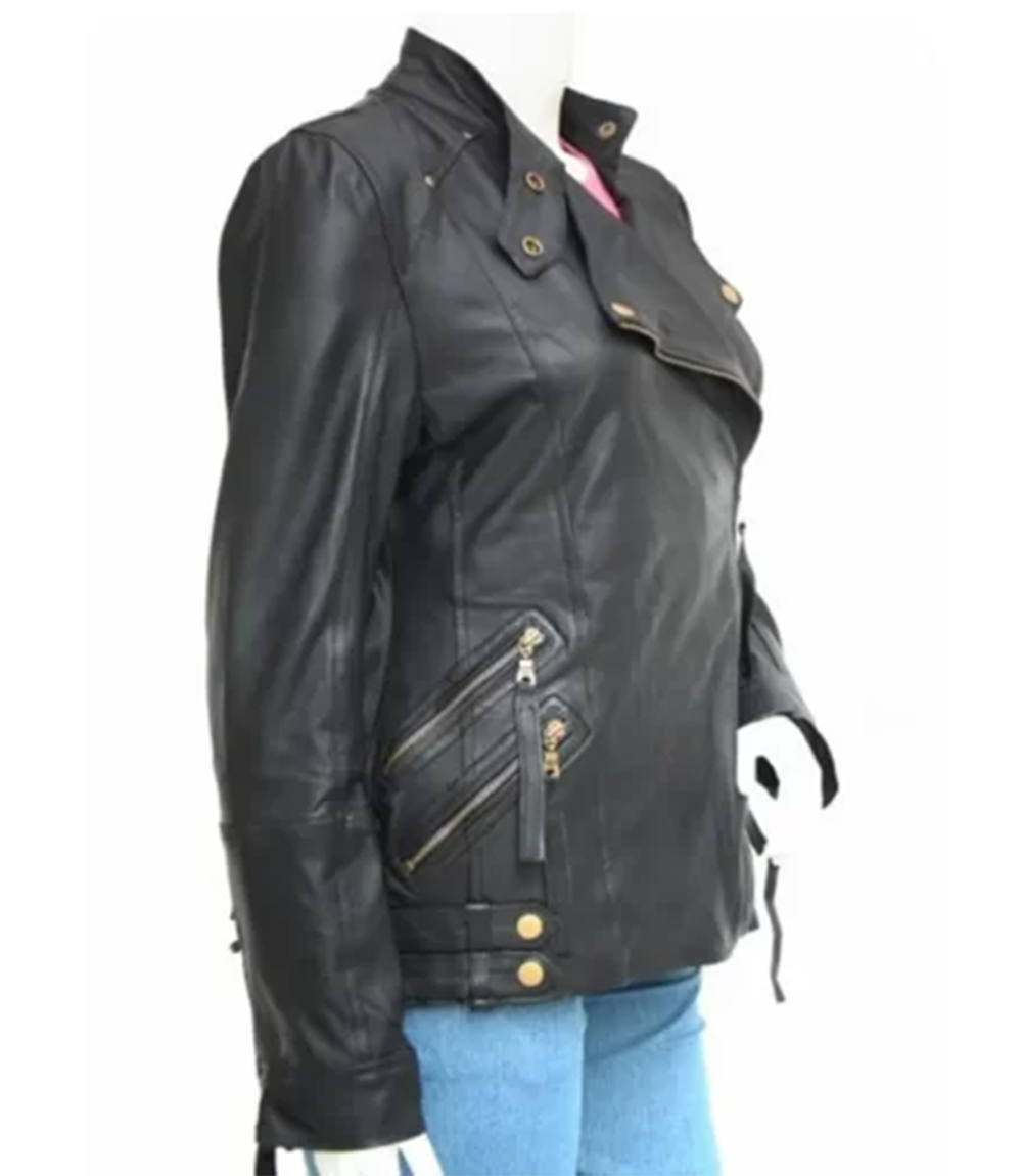 Womens Golden Zipper Leather Jacket
