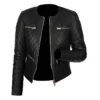 Collarless Black Leather Quilted Jacket Womens
