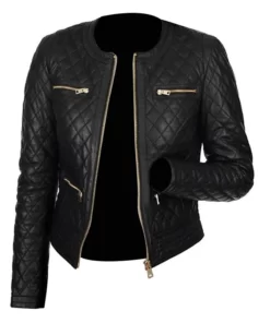 Collarless Black Leather Quilted Jacket Womens