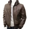 Mens Brown Bomber Hooded Leather Jacket