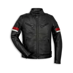 Ducati Black Leather Jacket with Red and White Striped