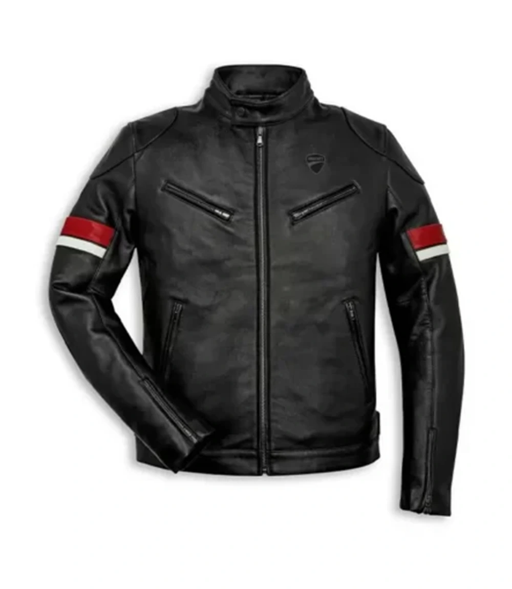 Ducati Black Leather Red and White Striped Jacket