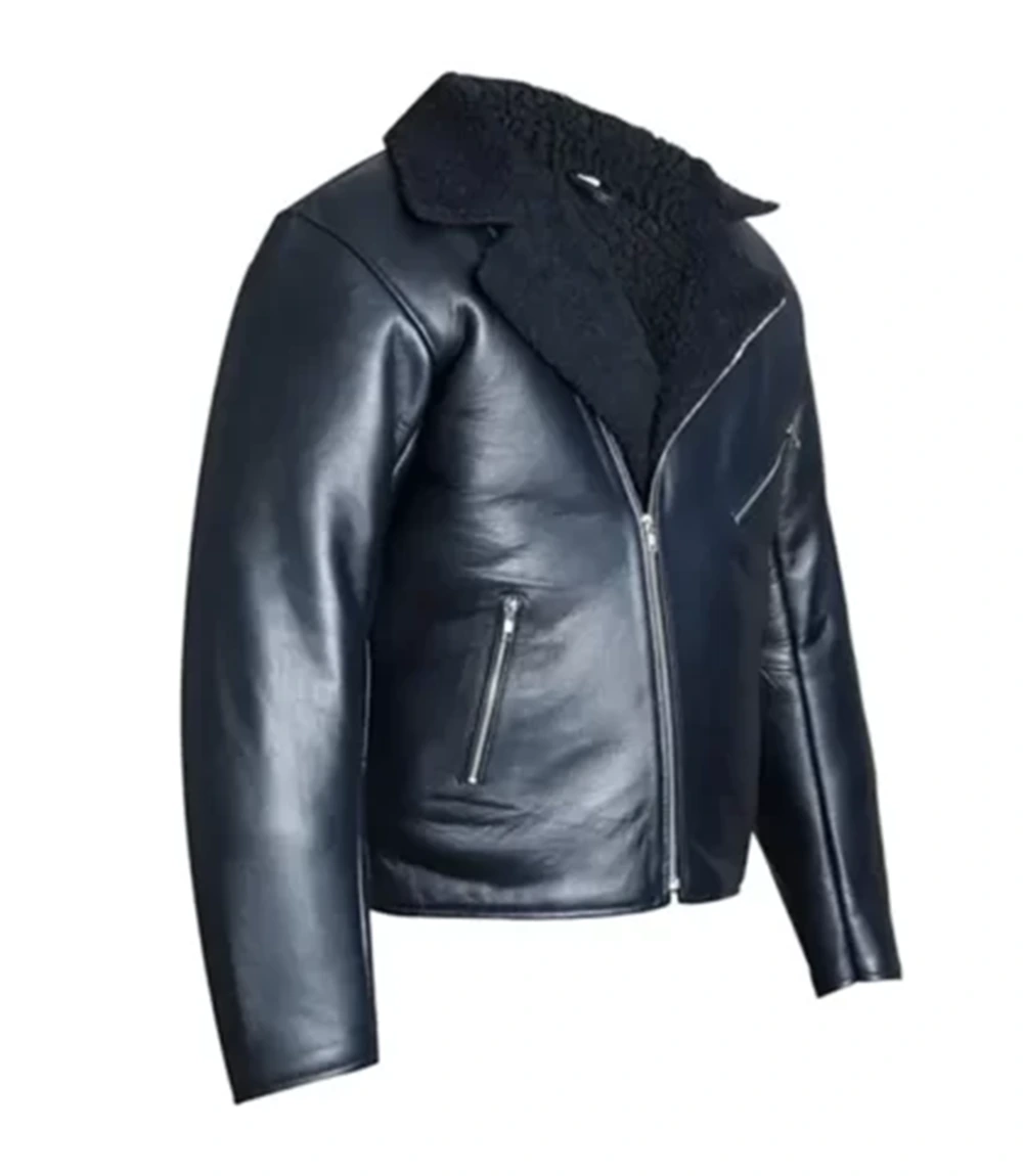 Black Shearling Biker Leather Jacket For Men
