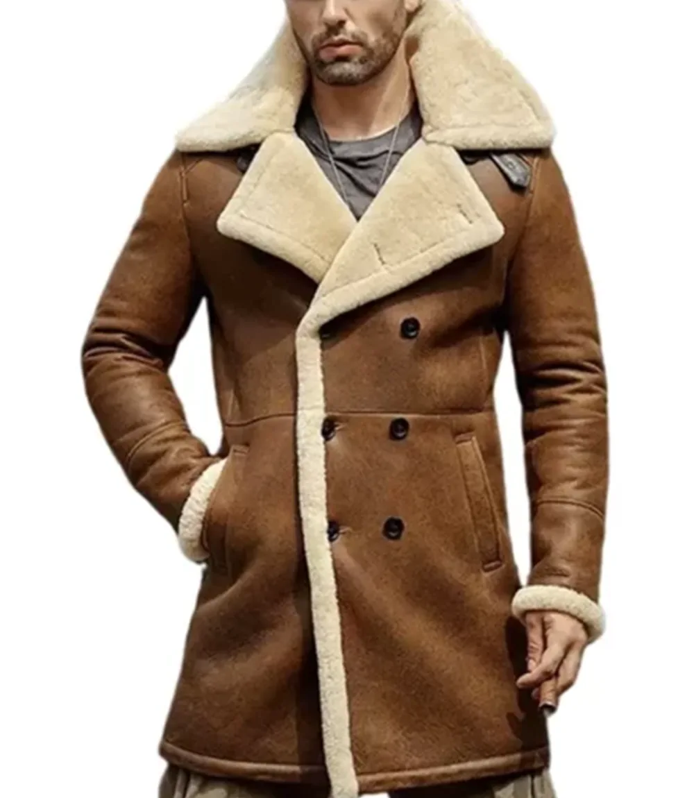 Men Brown Leather Shearling Coat