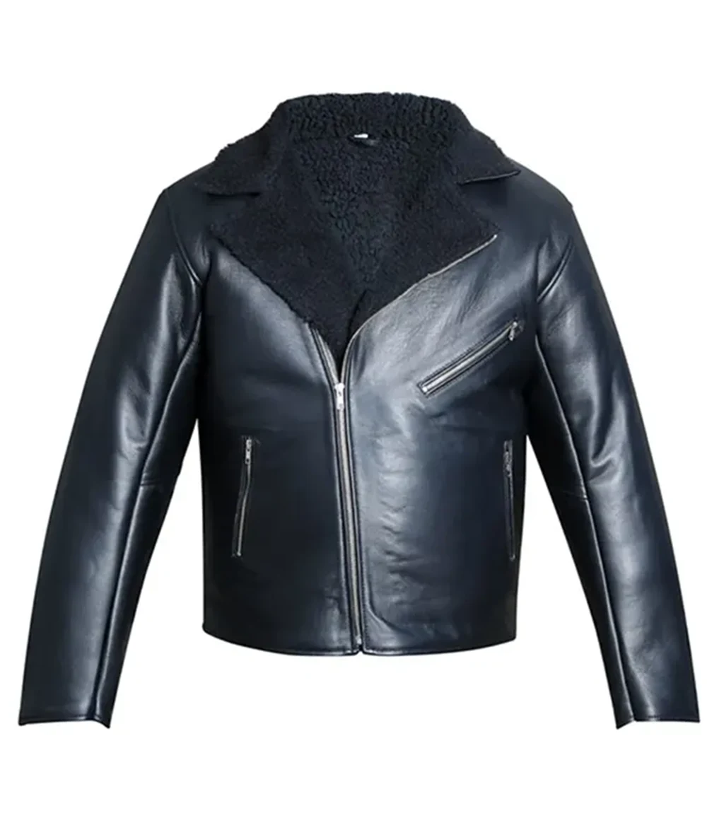 Black Shearling Biker Leather Jacket For Mens
