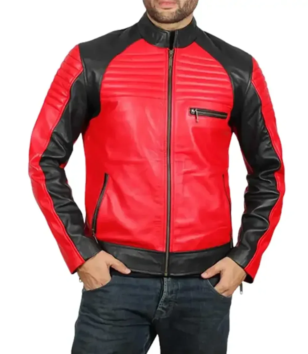 Mens Red and Black Padded Leather Jacket