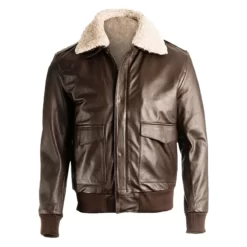 Shearling Collar Brown Bomber Leather Jacket Mens