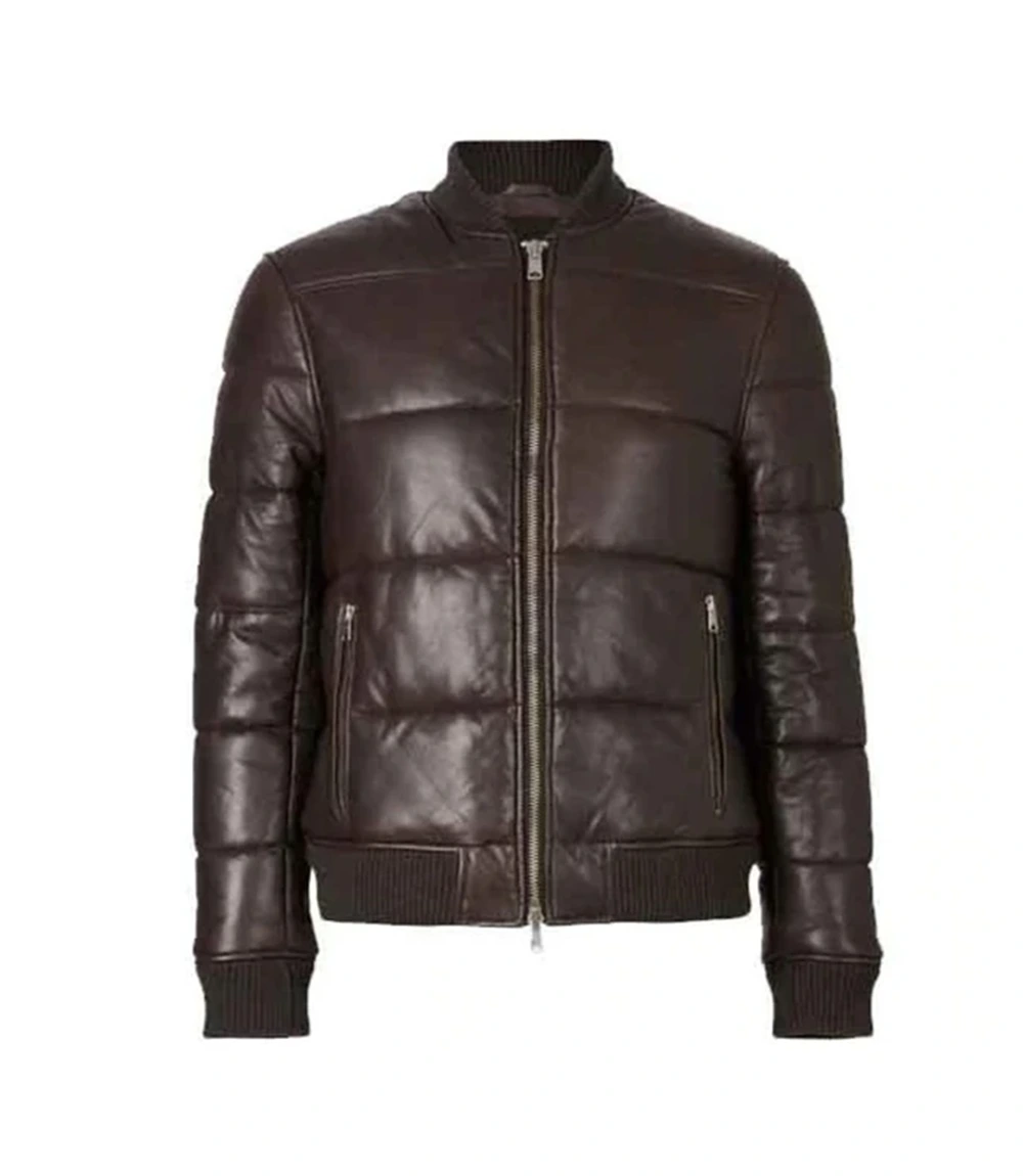Mens Brown Bomber Puffer Leather Jacket