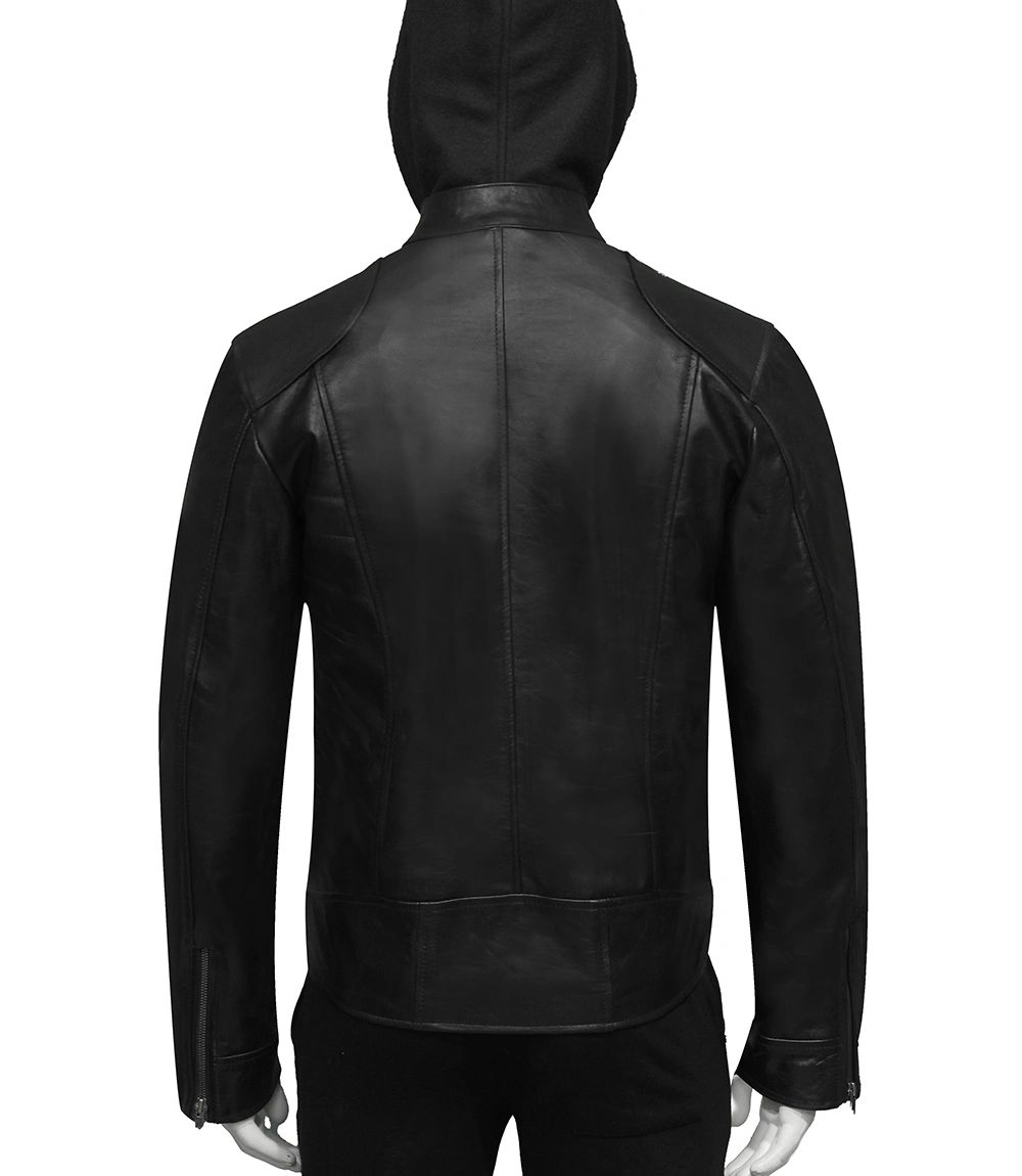 Men Black Leather Hooded Jacket