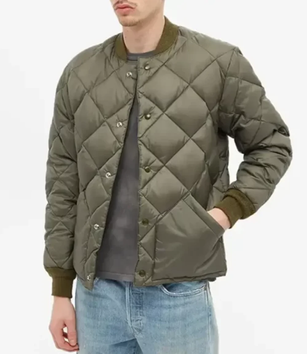 Mens Green Quilted Bomber Puffer Jacket