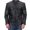 Men's Green Striped Black Biker Leather Jacket