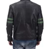 Mens Green Striped Black Biker Leather Jacket