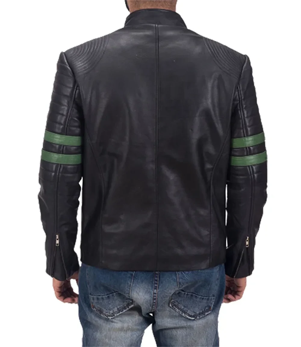 Mens Green Striped Black Biker Leather Jacket