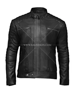 Padded Shoulder Mens Black Leather Biker Jacket