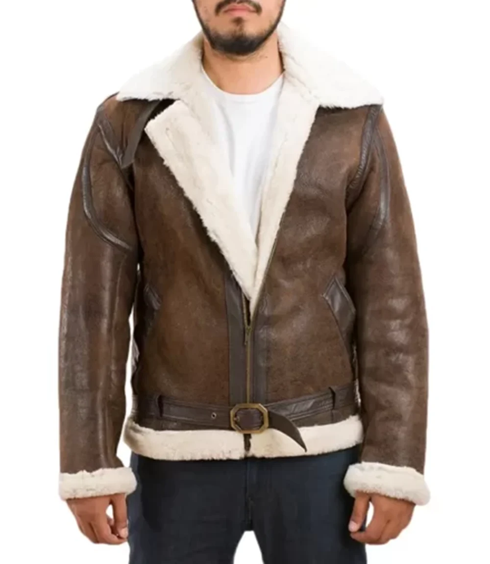 Mens Distressed Leather Brown Shearling Jacket