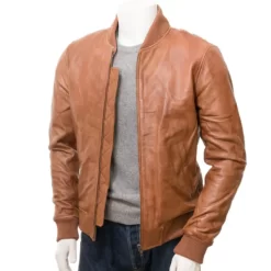 Tan Brown Mens Bomber Leather Jacket