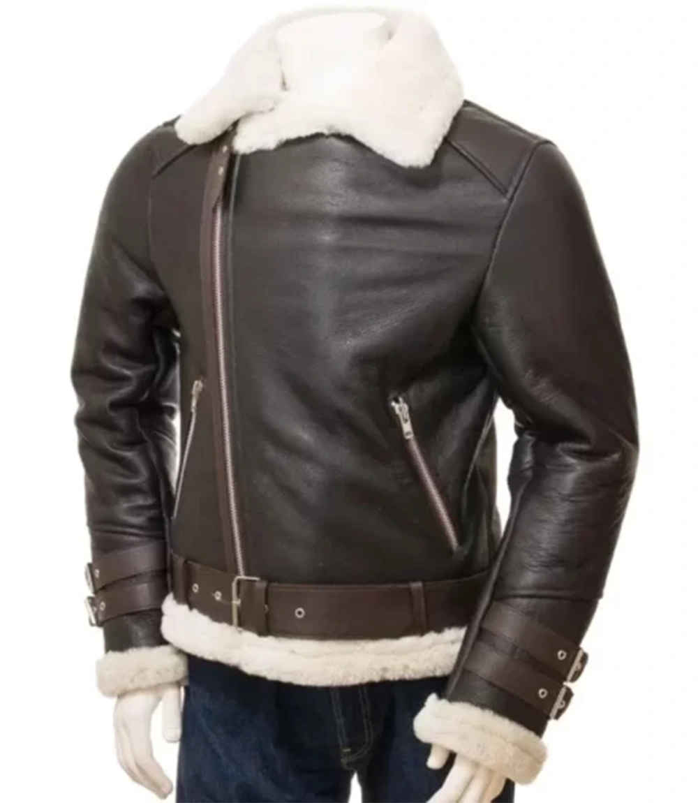 Brown Leather White Shearling Jacket