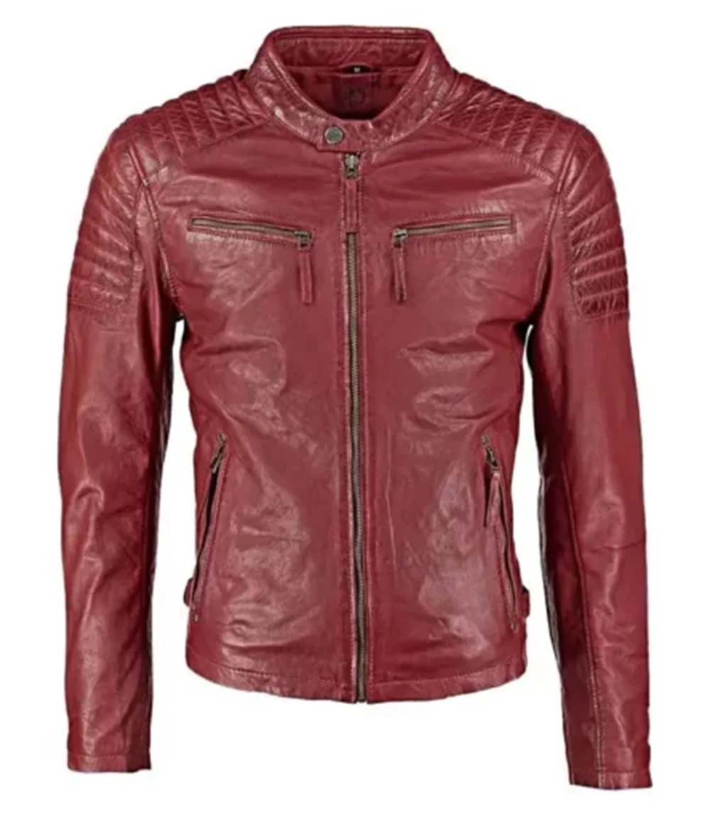 Mens Quilted Leather Maroon Waxed Sheepskin Jacket