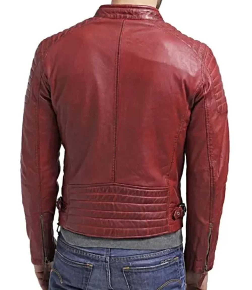 Men Quilted Leather Maroon Waxed Sheepskin Jacket
