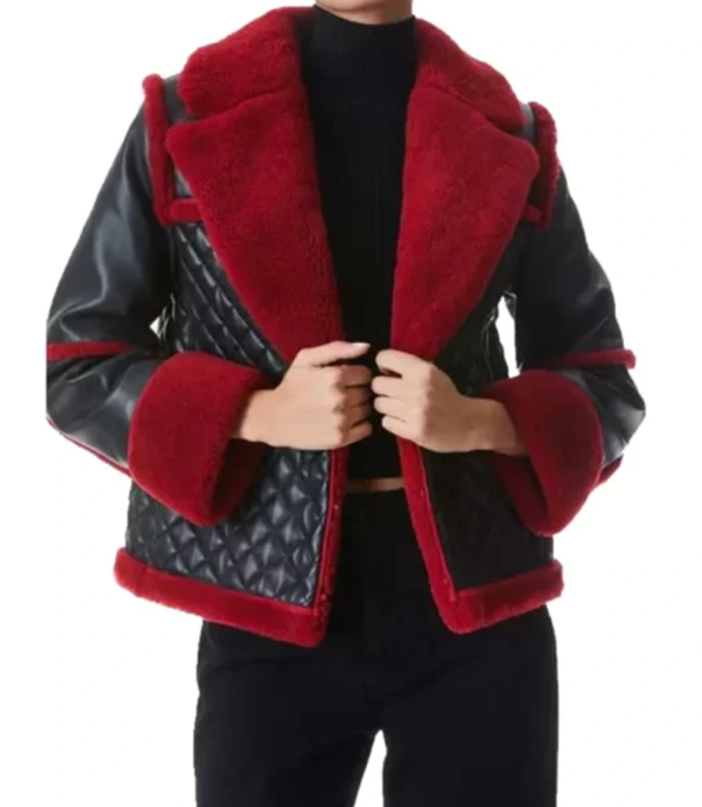 Womens Red Shearling Black Leather Quilted Jacket
