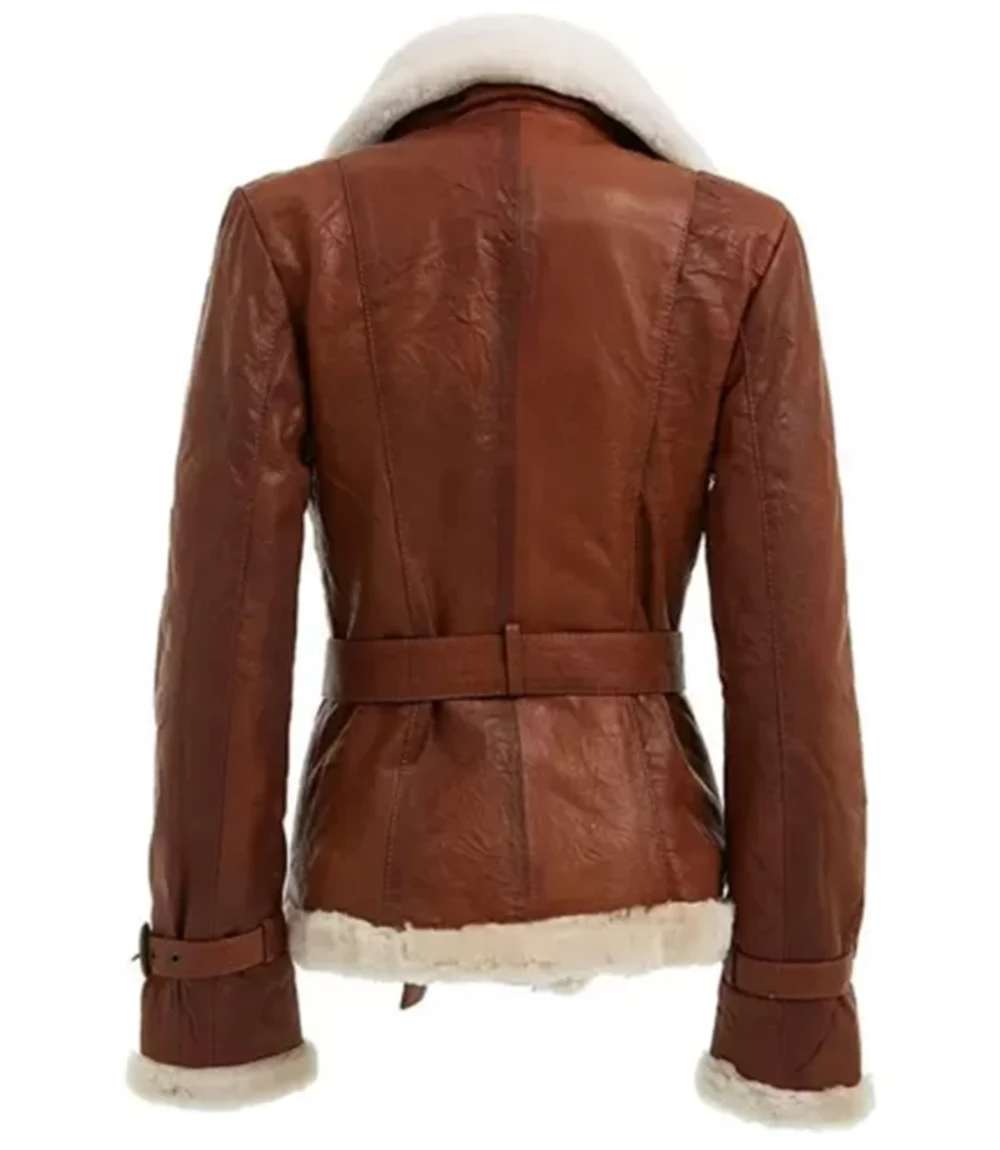 Women Double Breasted Brown Shearling Jacket
