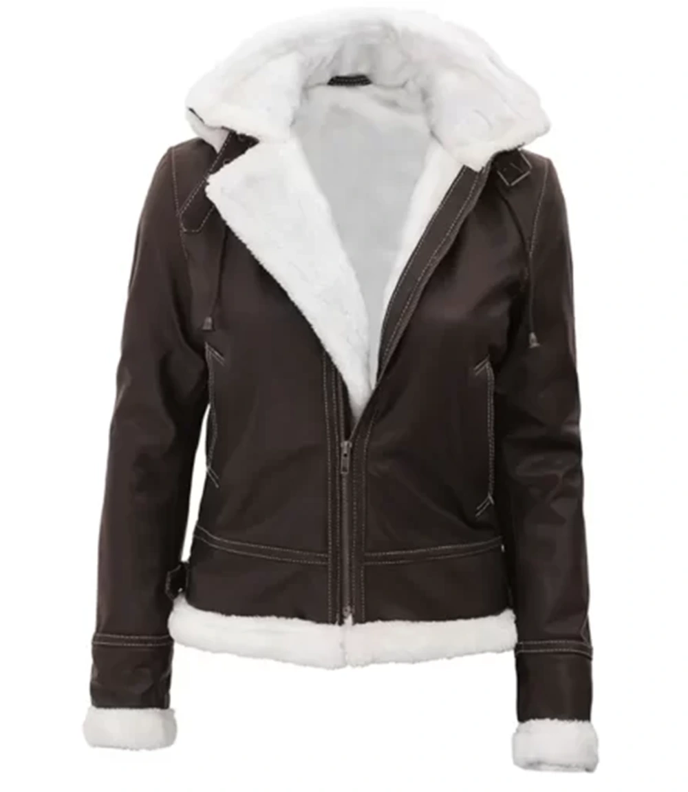 Womens White Shearling Brown Hooded Jacket