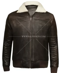 Brown Bomber Shearling Collar Mens Leather Jacket