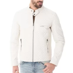 Mens White Quilted Slim-Fit Biker Leather Jacket