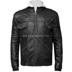 Black Bomber Grey hooded Leather Jacket