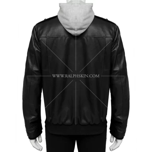 Grey Hooded Black Bomber Leather Jacket
