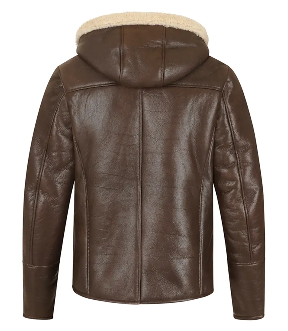 Men Brown Shearling Hooded Leather Jacket
