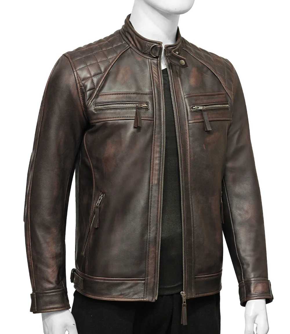 Men Quilted Shoulder Distressed Leather Jacket