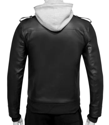 Mens Black Leather Jacket With Grey Hood