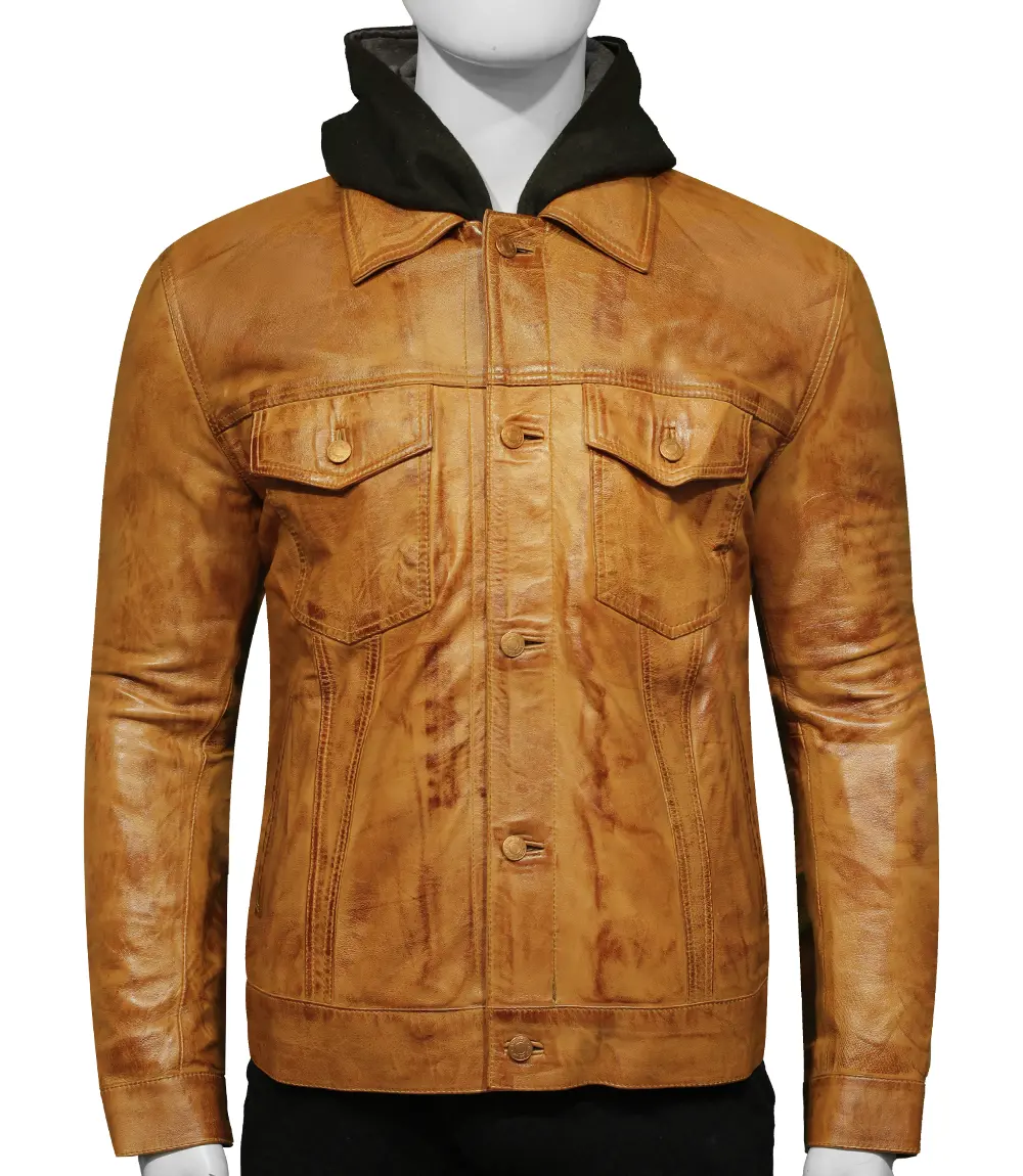 Shirt Collar Brown Hooded Leather Jacket Mens