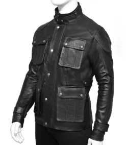 Men Four Pocket Black Leather Jacket