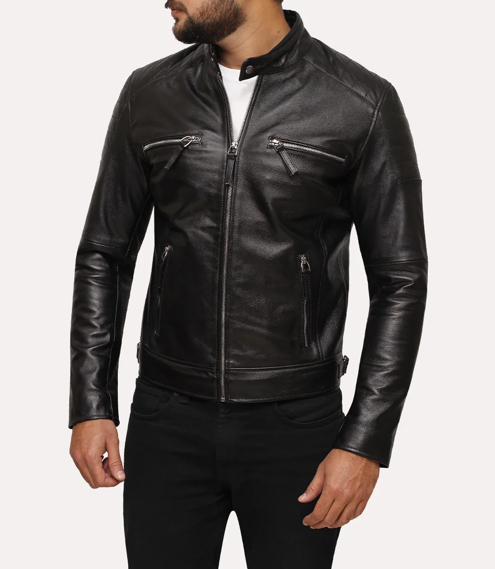 Mens Black Leather Genuine Biker Jacket