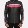 mens black leather blue and red striped jacket