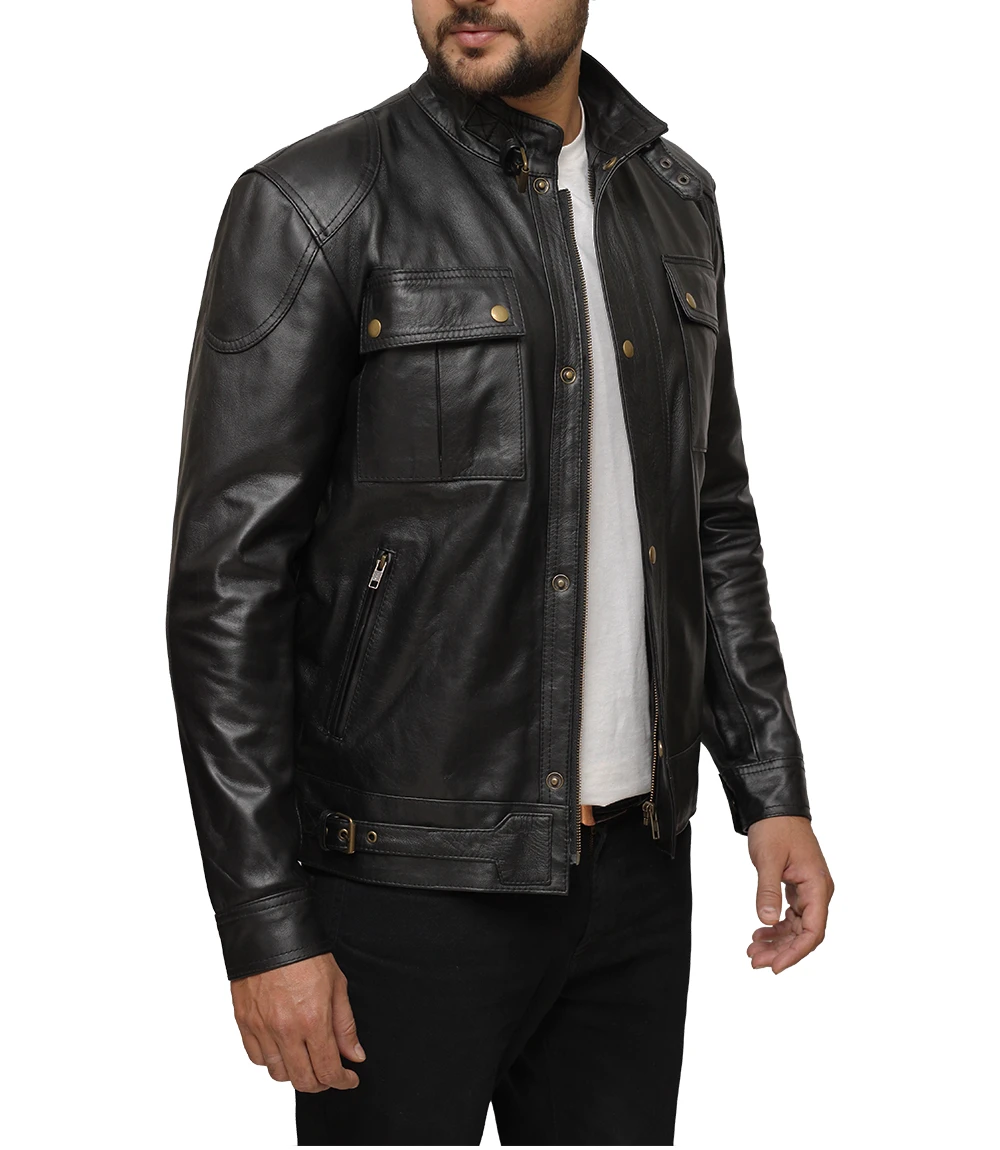 Two Pocket black mens leather jacket