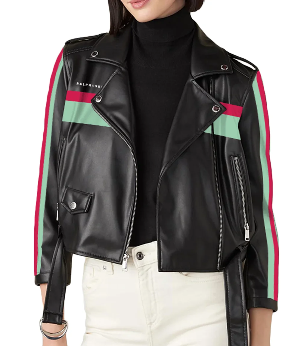 Green and Red Striped Womens Biker Leather Jacket