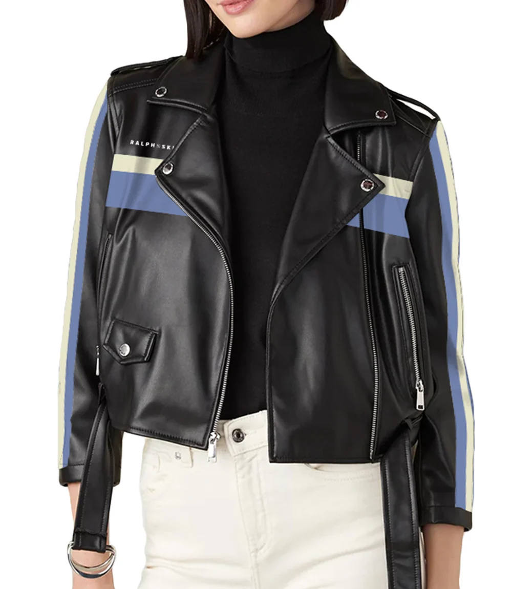 Blue and Beige Womens Striped Leather Jacket