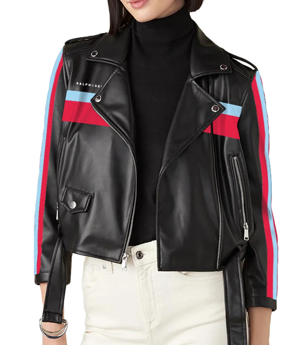 Red and Blue Striped Motorcycle Leather Jacket for Womens